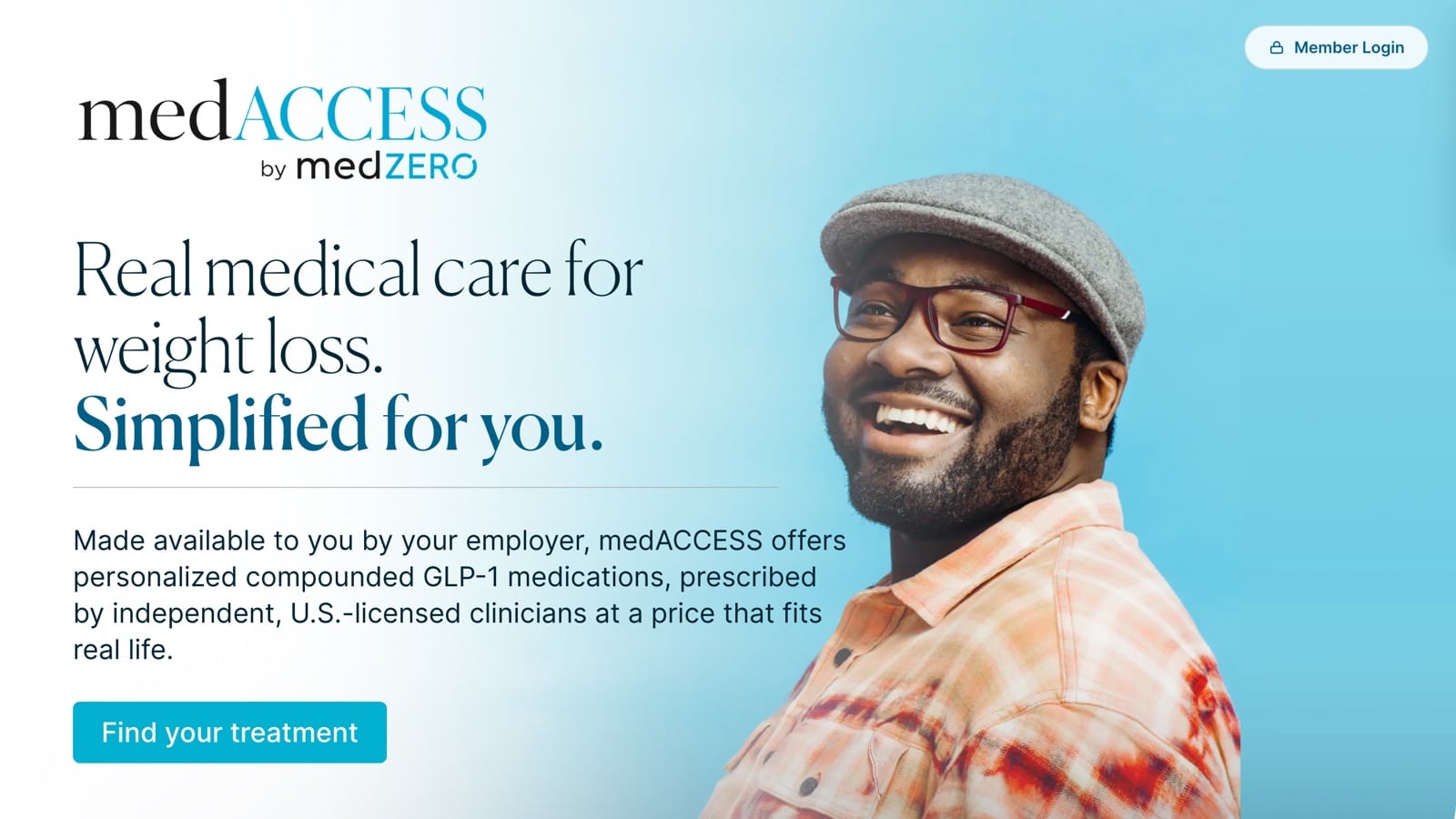 The medACCESS site as employees see it: &ldquo;Real medical care for weight loss. Simplified for you.&rdquo; with a note that it is made available by their employer, and a Find your treatment button.